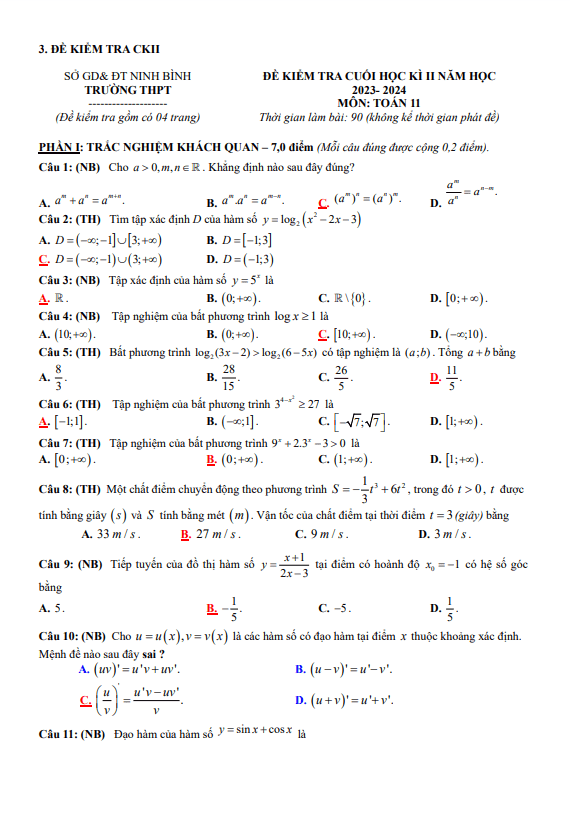 Đề tham khảo cuối kì 2 Toán 11 Cánh Diều năm 2023 – 2024 sở GD&ĐT Ninh Bình