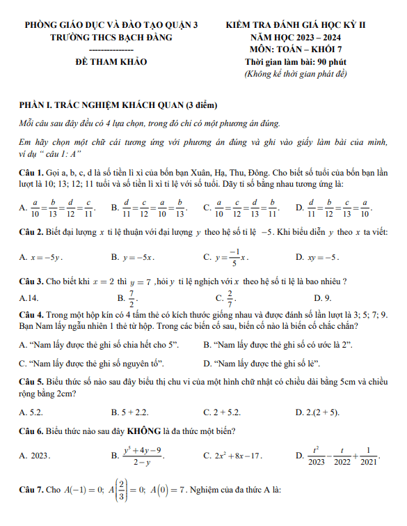 Đề tham khảo cuối kì 2 Toán 7 năm 2023 – 2024 phòng GD&ĐT Quận 3 – TP HCM