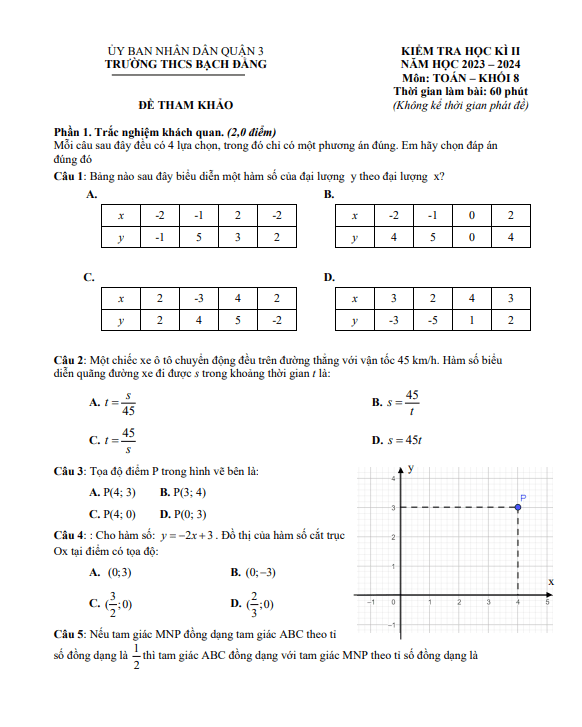 Đề tham khảo cuối kì 2 Toán 8 năm 2023 – 2024 phòng GD&ĐT Quận 3 – TP HCM