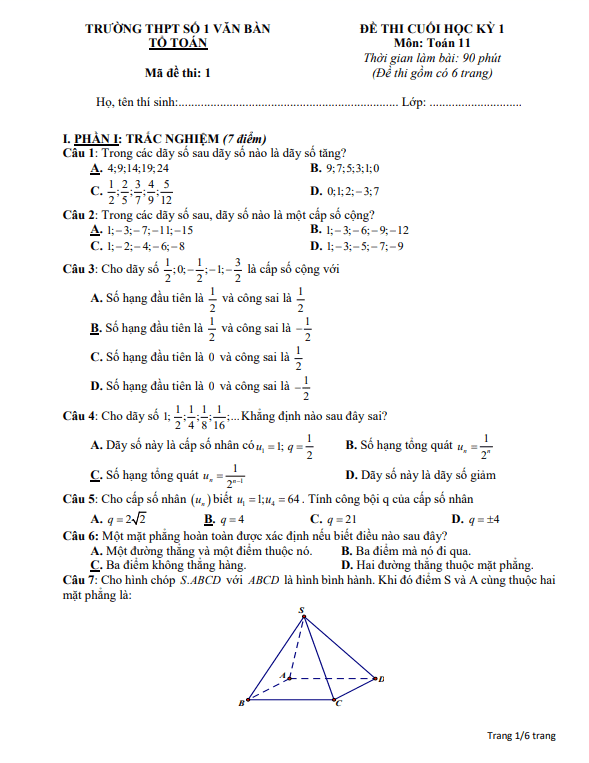 Đề tham khảo cuối kỳ 1 Toán 11 CD năm 2023 – 2024 trường THPT Văn Bàn 1 – Lào Cai