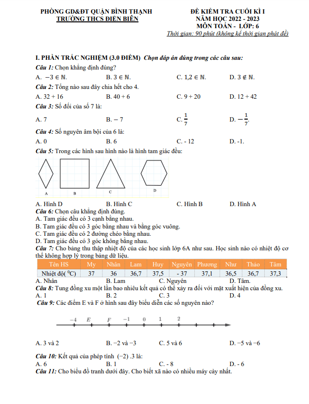 Đề tham khảo cuối kỳ 1 Toán 6 năm 2022 – 2023 trường THCS Điện Biên – TP HCM
