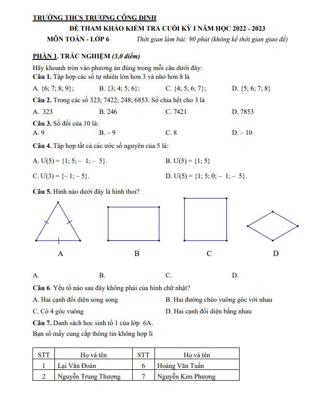 Đề tham khảo cuối kỳ 1 Toán 6 năm 2022 – 2023 trường THCS Trương Công Định – TP HCM