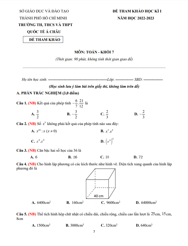 Đề tham khảo cuối kỳ 1 Toán 7 năm 2022 – 2023 trường Quốc tế Á Châu – TP HCM