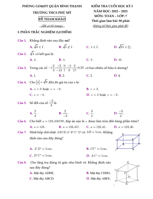 Đề tham khảo cuối kỳ 1 Toán 7 năm 2022 – 2023 trường THCS Phú Mỹ – TP HCM