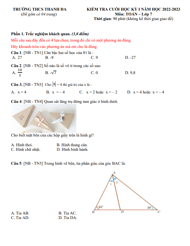 Đề tham khảo cuối kỳ 1 Toán 7 năm 2022 – 2023 trường THCS Thanh Đa – TP HCM