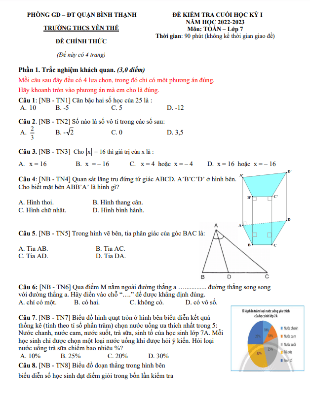 Đề tham khảo cuối kỳ 1 Toán 7 năm 2022 – 2023 trường THCS Yên Thế – TP HCM