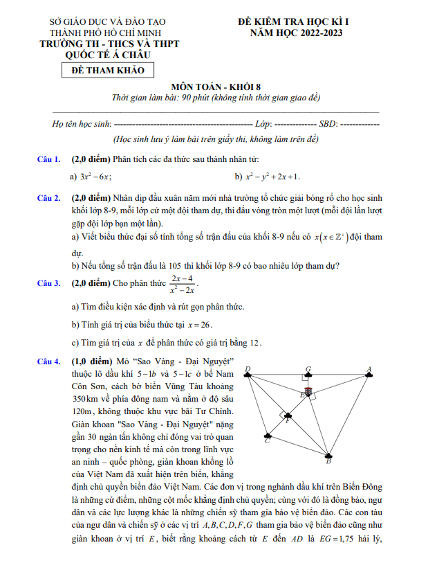 Đề tham khảo cuối kỳ 1 Toán 8 năm 2022 – 2023 trường Quốc tế Á Châu – TP HCM
