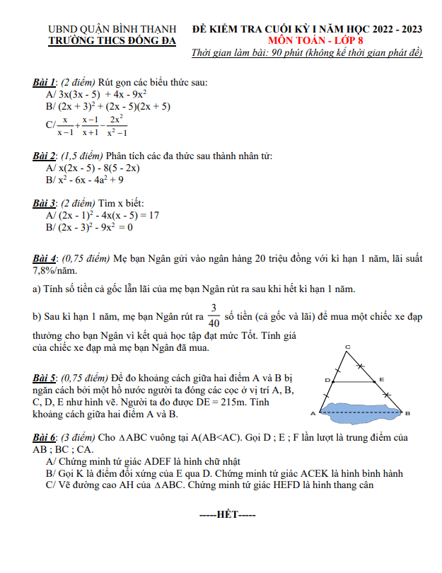 Đề tham khảo cuối kỳ 1 Toán 8 năm 2022 – 2023 trường THCS Đống Đa – TP HCM