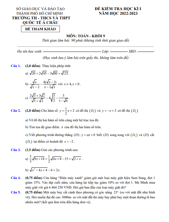 Đề tham khảo cuối kỳ 1 Toán 9 năm 2022 – 2023 trường Quốc tế Á Châu – TP HCM