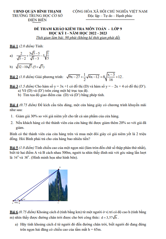 Đề tham khảo cuối kỳ 1 Toán 9 năm 2022 – 2023 trường THCS Điện Biên – TP HCM