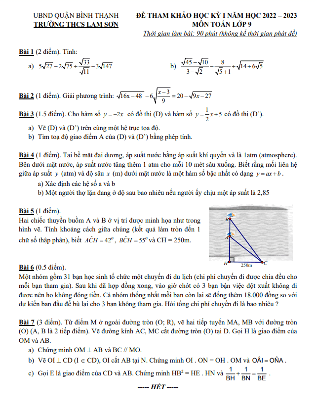 Đề tham khảo cuối kỳ 1 Toán 9 năm 2022 – 2023 trường THCS Lam Sơn – TP HCM
