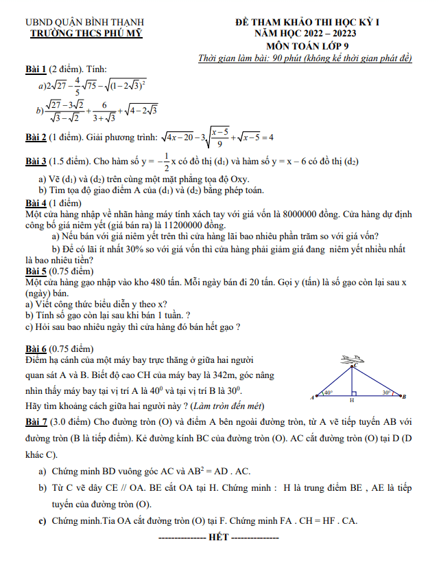 Đề tham khảo cuối kỳ 1 Toán 9 năm 2022 – 2023 trường THCS Phú Mỹ – TP HCM