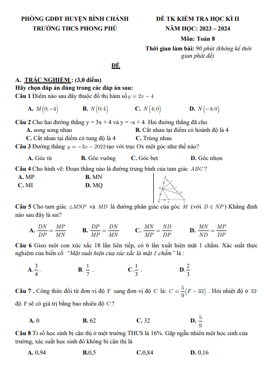 Đề tham khảo cuối kỳ 2 Toán 8 năm 2023 – 2024 phòng GD&ĐT Bình Chánh – TP HCM
