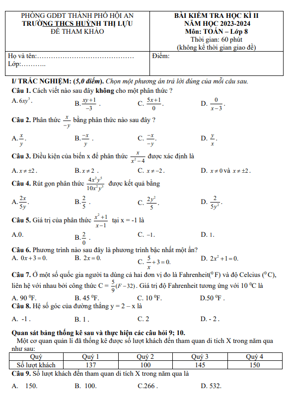 Đề tham khảo cuối kỳ 2 Toán 8 năm 2023 – 2024 trường Huỳnh Thị Lựu – Quảng Nam