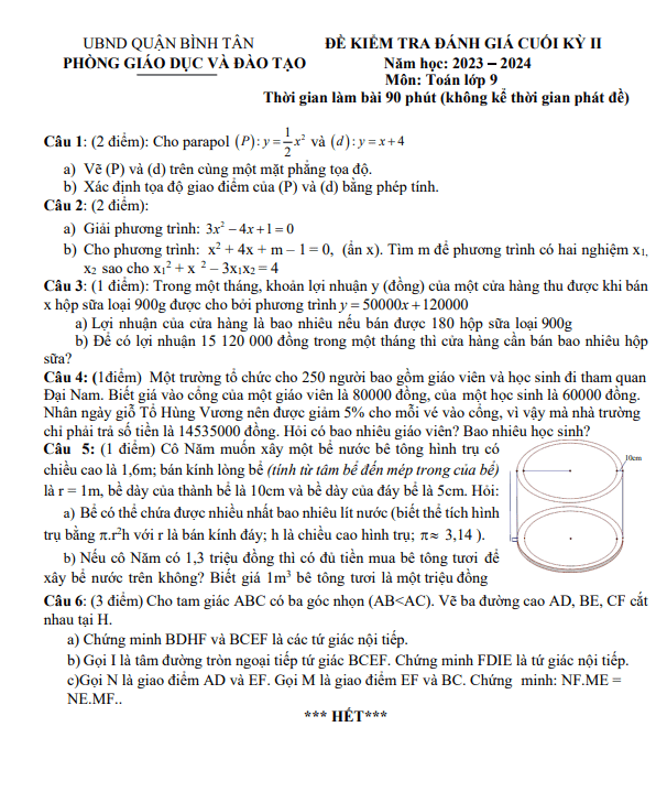 Đề tham khảo cuối kỳ 2 Toán 9 năm 2023 – 2024 phòng GD&ĐT Bình Tân – TP HCM