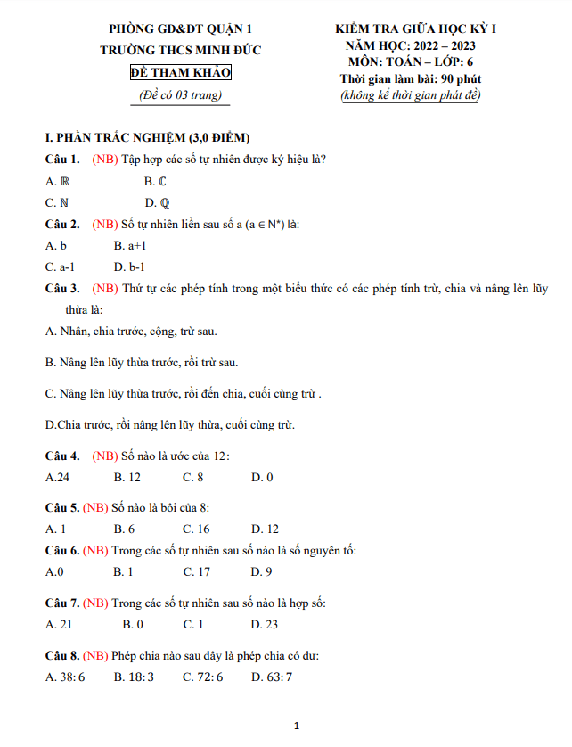 Đề tham khảo giữa học kỳ 1 Toán 6 năm 2022 – 2023 trường THCS Minh Đức – TP HCM