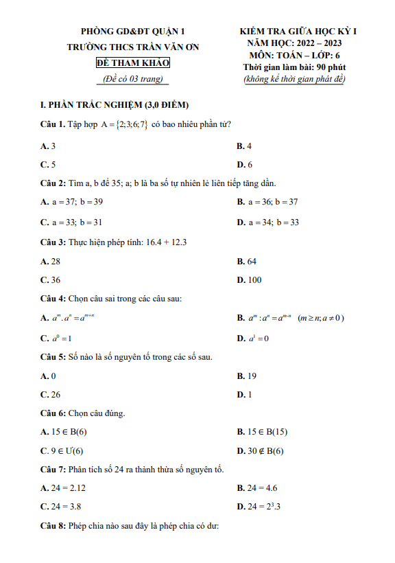 Đề tham khảo giữa học kỳ 1 Toán 6 năm 2022 – 2023 trường THCS Trần Văn Ơn – TP HCM