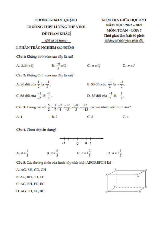 Đề tham khảo giữa học kỳ 1 Toán 7 năm 2022 – 2023 THCS Lương Thế Vinh – TP HCM