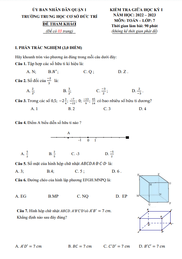 Đề tham khảo giữa học kỳ 1 Toán 7 năm 2022 – 2023 trường THCS Đức Trí – TP HCM