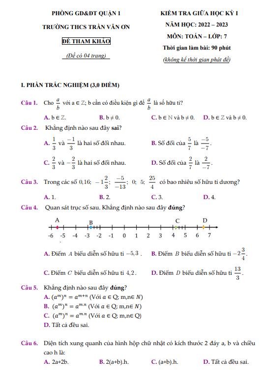 Đề tham khảo giữa học kỳ 1 Toán 7 năm 2022 – 2023 trường THCS Trần Văn Ơn – TP HCM