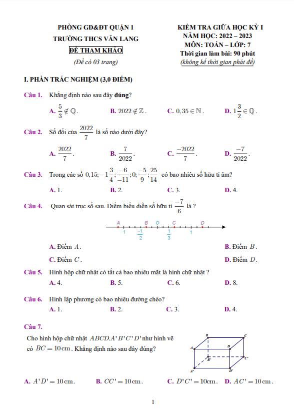 Đề tham khảo giữa học kỳ 1 Toán 7 năm 2022 – 2023 trường THCS Văn Lang – TP HCM