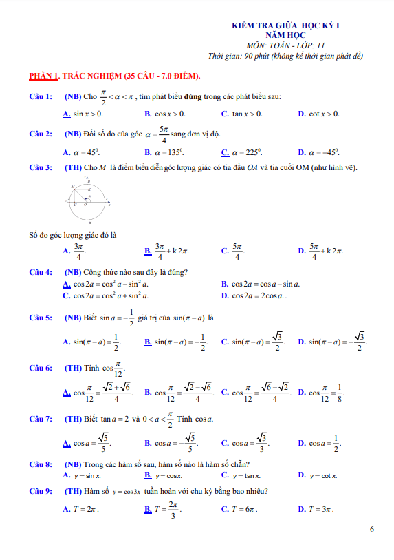 Đề tham khảo giữa kì 1 Toán 11 Cánh Diều năm 2023 – 2024 sở GD&ĐT Ninh Bình