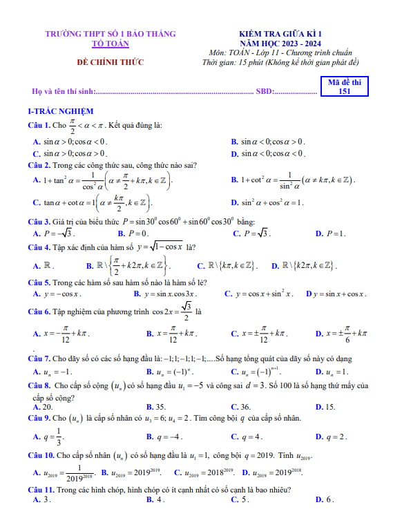 Đề tham khảo giữa kì 1 Toán 11 CTST năm 2023 – 2024 trường THPT Bảo Thắng 1 – Lào Cai