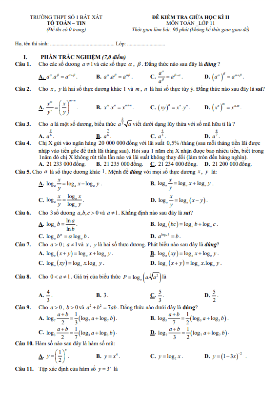 Đề tham khảo giữa kì 2 Toán 11 KNTTVCS năm 2023 – 2024 THPT Bát Xát 1 – Lào Cai