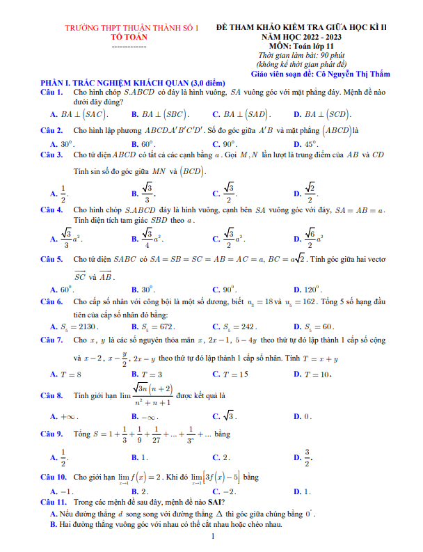 Đề tham khảo giữa kì 2 Toán 11 năm 2022 – 2023 THPT Thuận Thành 1 – Bắc Ninh