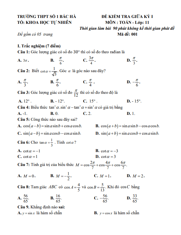 Đề tham khảo giữa kỳ 1 Toán 11 CD năm 2023 – 2024 trường THPT Bắc Hà 1 – Lào Cai