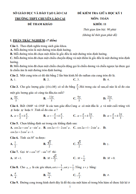 Đề tham khảo giữa kỳ 1 Toán 11 CD năm 2023 – 2024 trường THPT chuyên Lào Cai