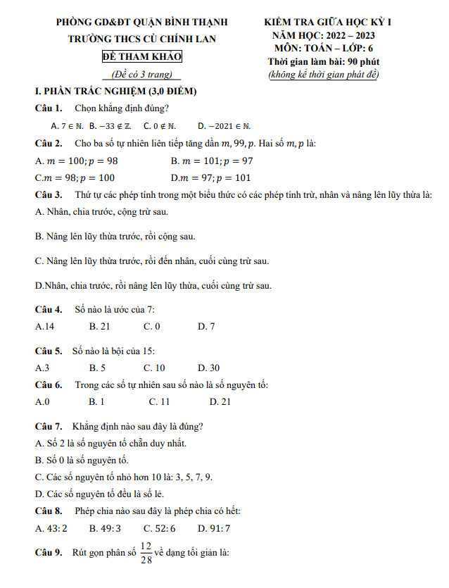 Đề tham khảo giữa kỳ 1 Toán 6 năm 2022 – 2023 trường THCS Cù Chính Lan – TP HCM