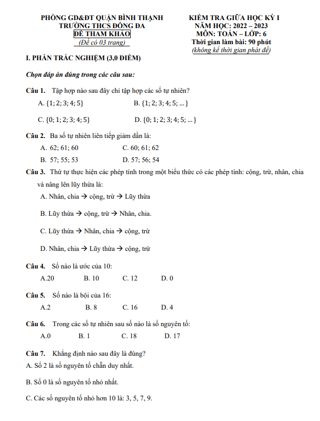 Đề tham khảo giữa kỳ 1 Toán 6 năm 2022 – 2023 trường THCS Đống Đa – TP HCM
