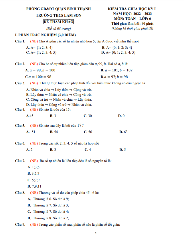 Đề tham khảo giữa kỳ 1 Toán 6 năm 2022 – 2023 trường THCS Lam Sơn – TP HCM