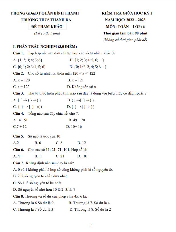 Đề tham khảo giữa kỳ 1 Toán 6 năm 2022 – 2023 trường THCS Thanh Đa – TP HCM