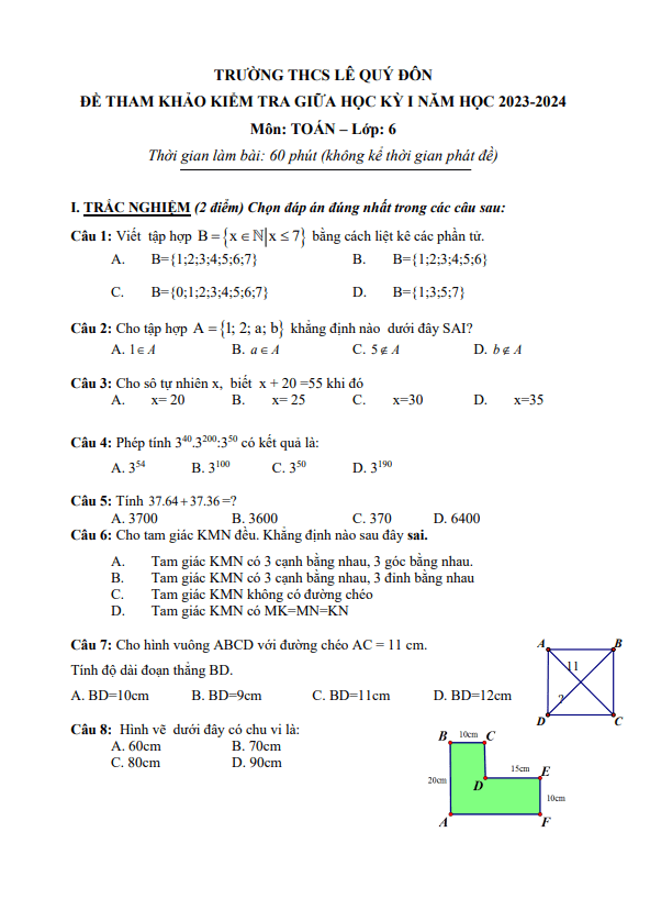Đề tham khảo giữa kỳ 1 Toán 6 năm 2023 – 2024 trường THCS Lê Quý Đôn – TP HCM
