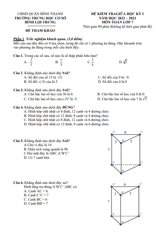 Đề tham khảo giữa kỳ 1 Toán 7 năm 2022 – 2023 trường THCS Bình Lợi Trung – TP HCM
