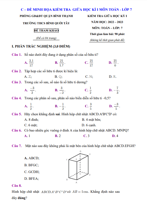 Đề tham khảo giữa kỳ 1 Toán 7 năm 2022 – 2023 trường THCS Bình Quới Tây – TP HCM