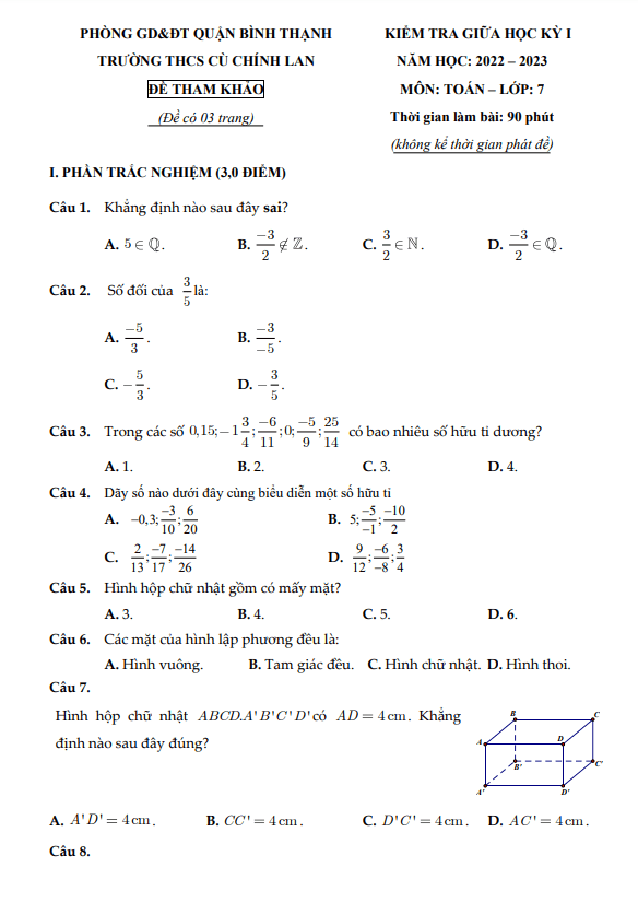 Đề tham khảo giữa kỳ 1 Toán 7 năm 2022 – 2023 trường THCS Cù Chính Lan – TP HCM