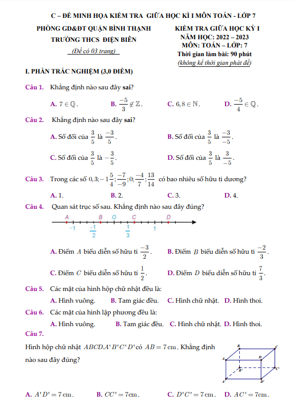 Đề tham khảo giữa kỳ 1 Toán 7 năm 2022 – 2023 trường THCS Điện Biên – TP HCM