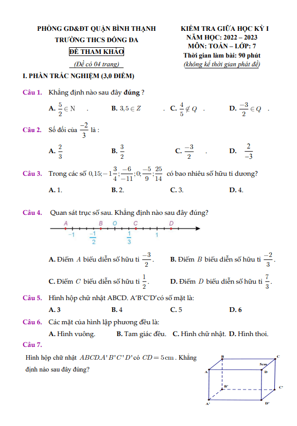 Đề tham khảo giữa kỳ 1 Toán 7 năm 2022 – 2023 trường THCS Đống Đa – TP HCM