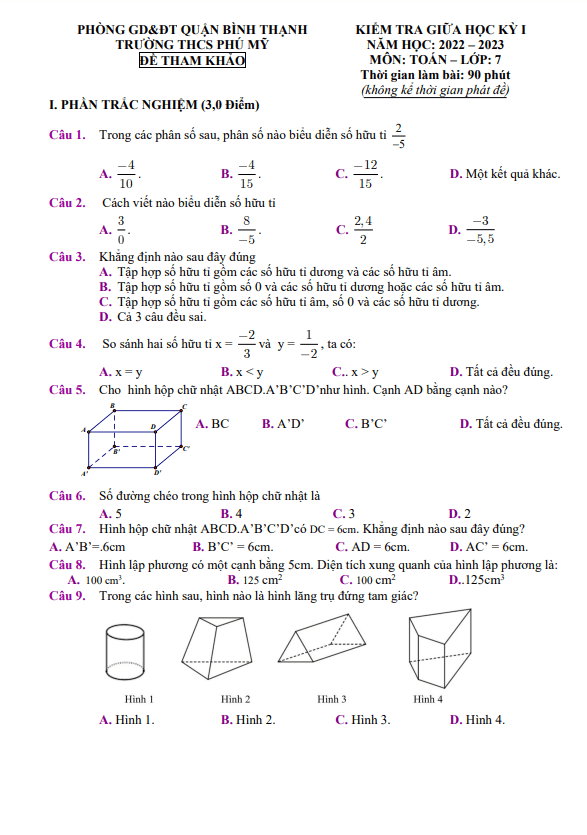 Đề tham khảo giữa kỳ 1 Toán 7 năm 2022 – 2023 trường THCS Phú Mỹ – TP HCM