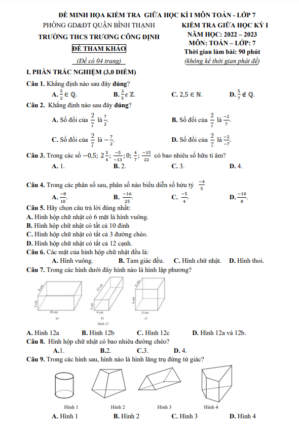 Đề tham khảo giữa kỳ 1 Toán 7 năm 2022 – 2023 trường THCS Trương Công Định – TP HCM