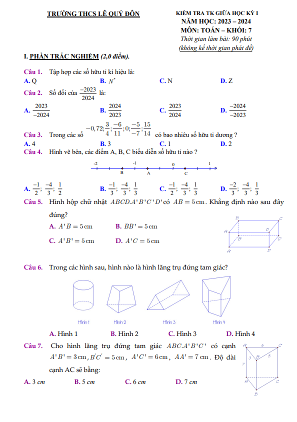 Đề tham khảo giữa kỳ 1 Toán 7 năm 2023 – 2024 trường THCS Lê Quý Đôn – TP HCM