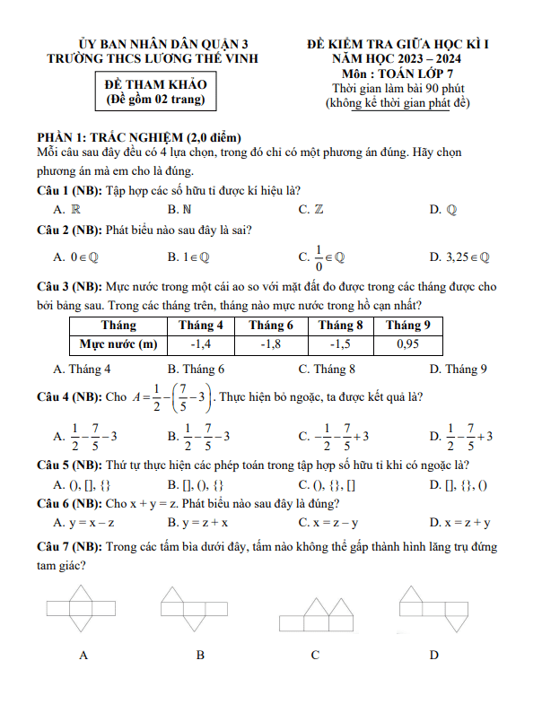 Đề tham khảo giữa kỳ 1 Toán 7 năm 2023 – 2024 trường THCS Lương Thế Vinh – TP HCM