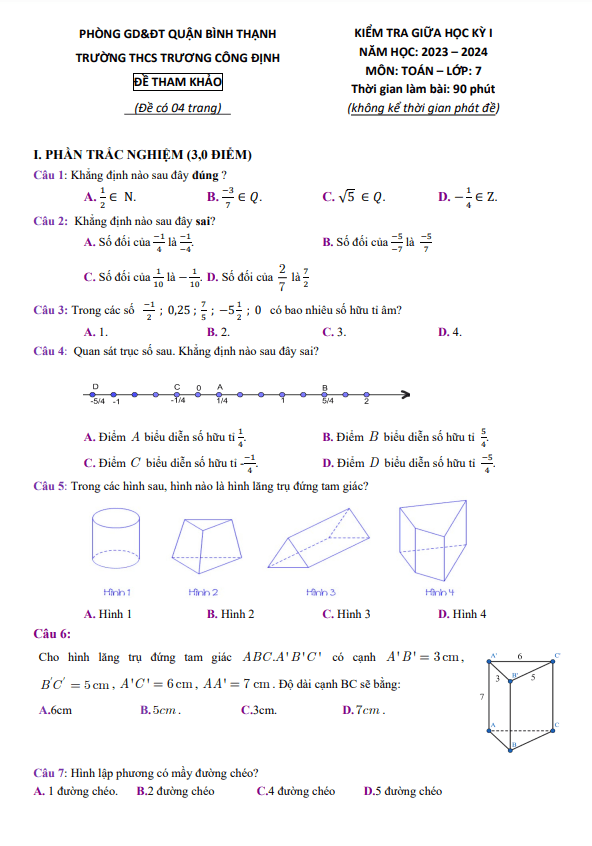 Đề tham khảo giữa kỳ 1 Toán 7 năm 2023 – 2024 trường THCS Trương Công Định – TP HCM
