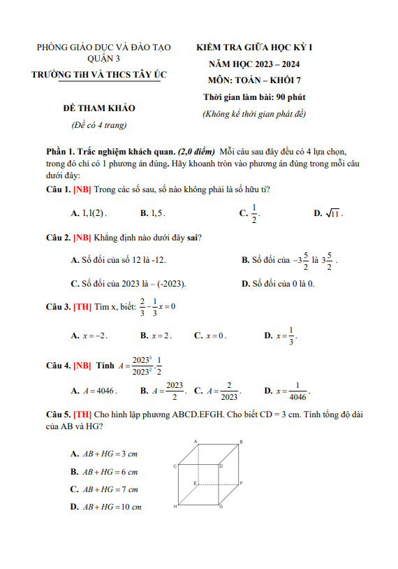Đề tham khảo giữa kỳ 1 Toán 7 năm 2023 – 2024 trường TiH – THCS Tây Úc – TP HCM