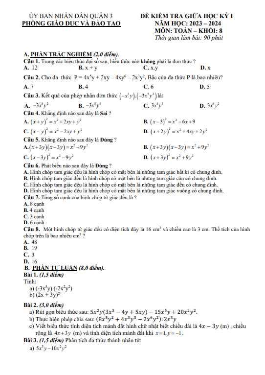 Đề tham khảo giữa kỳ 1 Toán 8 năm 2023 – 2024 trường THCS Hai Bà Trưng – TP HCM