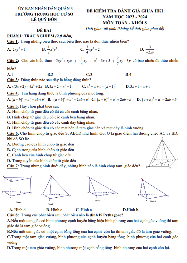 Đề tham khảo giữa kỳ 1 Toán 8 năm 2023 – 2024 trường THCS Lê Quý Đôn – TP HCM