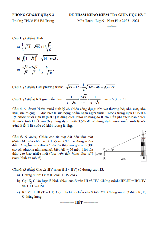 Đề tham khảo giữa kỳ 1 Toán 9 năm 2023 – 2024 trường THCS Hai Bà Trưng – TP HCM
